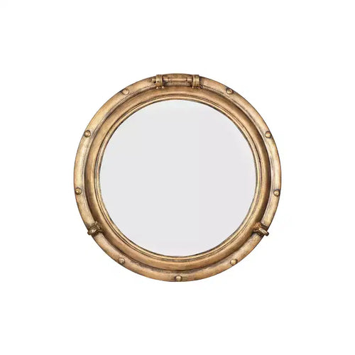 22" Round Distressed Metal Porthole Mirror Gold - Storied Home: Modern Style, No Assembly, Wall Mounted