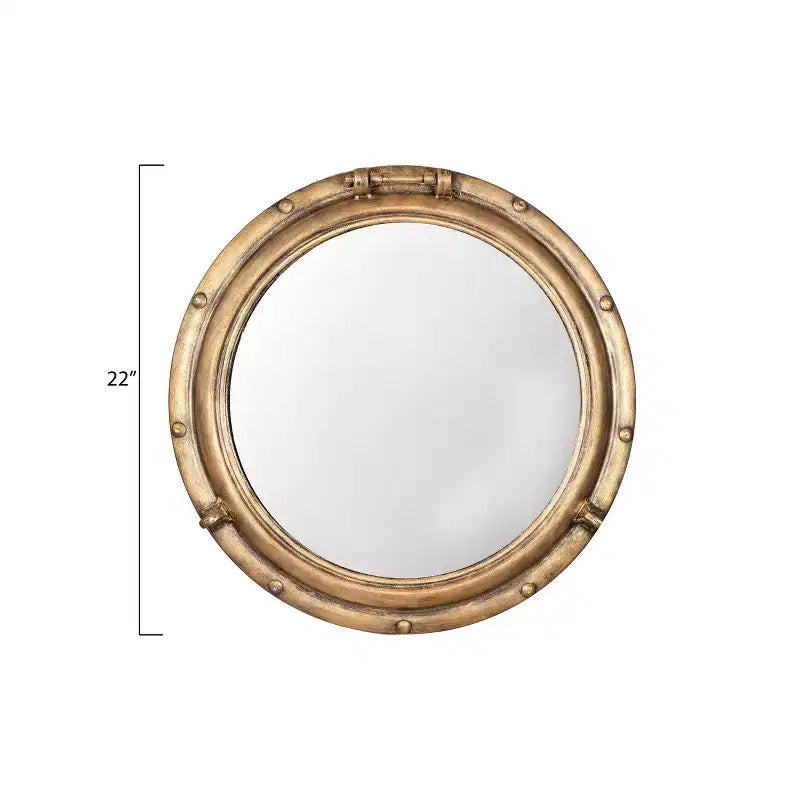 22" Round Distressed Metal Porthole Mirror Gold - Modern Style, No Assembly, Wall Mounted