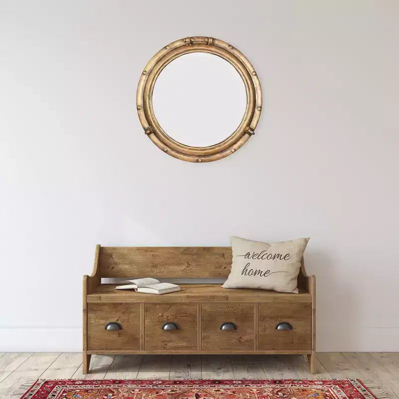 22" Round Distressed Metal Porthole Mirror Gold - Modern Style, No Assembly, Wall Mounted