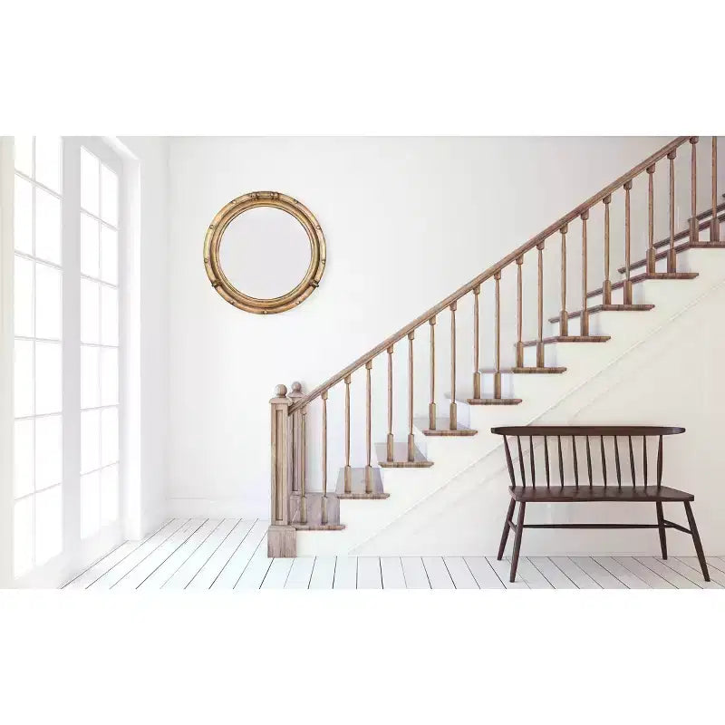 22" Round Distressed Metal Porthole Mirror Gold - Modern Style, No Assembly, Wall Mounted