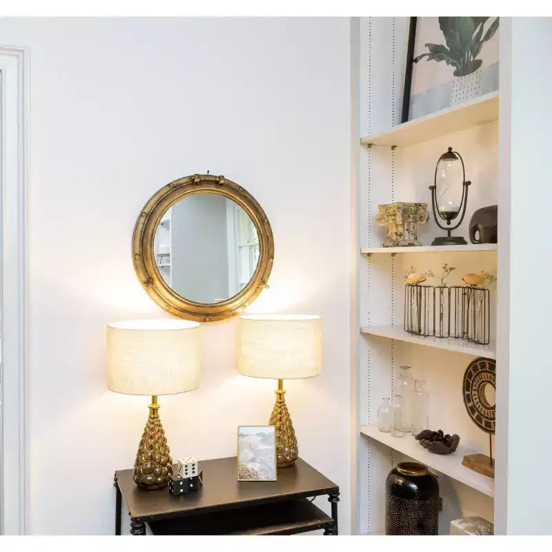 22" Round Distressed Metal Porthole Mirror Gold - Modern Style, No Assembly, Wall Mounted