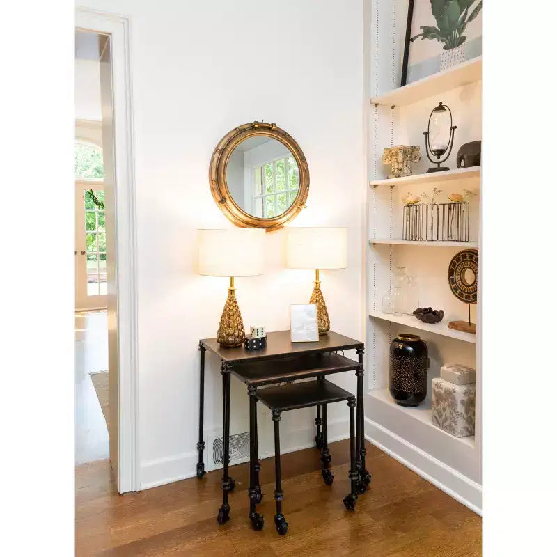 22" Round Distressed Metal Porthole Mirror Gold - Modern Style, No Assembly, Wall Mounted