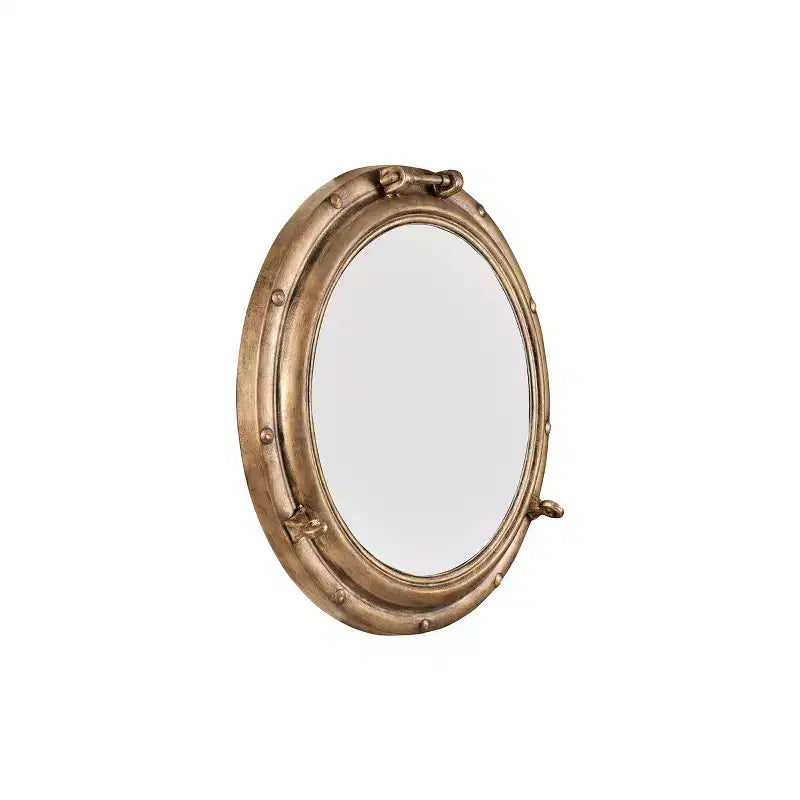 22" Round Distressed Metal Porthole Mirror Gold - Modern Style, No Assembly, Wall Mounted