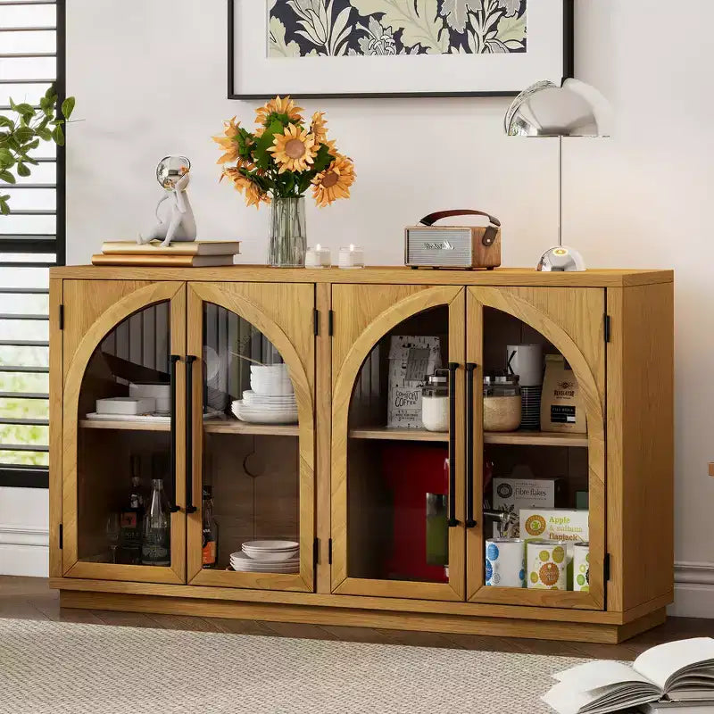 4-Door Large Storage Sideboard Buffet Cabinet with Glass Doors
