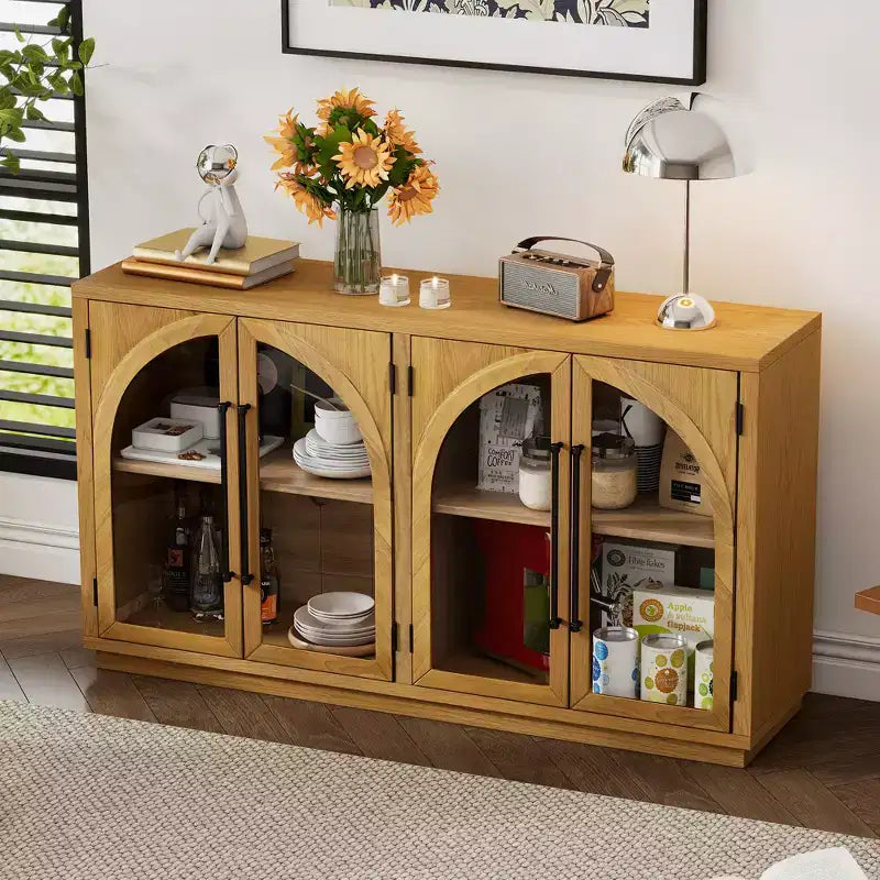4-Door Large Storage Sideboard Buffet Cabinet with Glass Doors