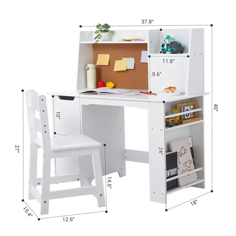 Wooden Kids Desk & Chair Set with Storage Shelf & Bulletin Board - White Study Table Durable Writing Desk for Ages 3+