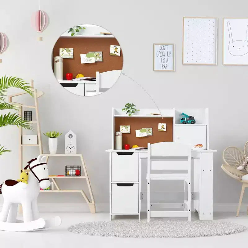Wooden Kids Desk & Chair Set with Storage Shelf & Bulletin Board - White Study Table Durable Writing Desk for Ages 3+