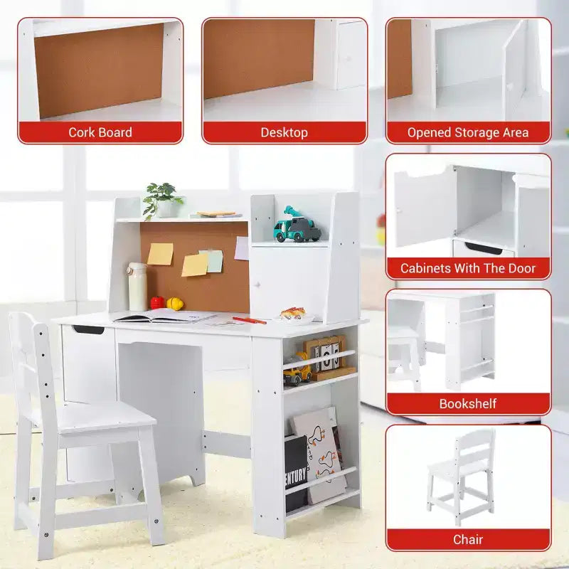 Wooden Kids Desk & Chair Set with Storage Shelf & Bulletin Board - White Study Table Durable Writing Desk for Ages 3+