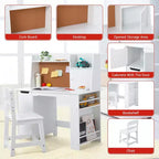 Wooden Kids Desk & Chair Set with Storage Shelf & Bulletin Board - White Study Table Durable Writing Desk for Ages 3+