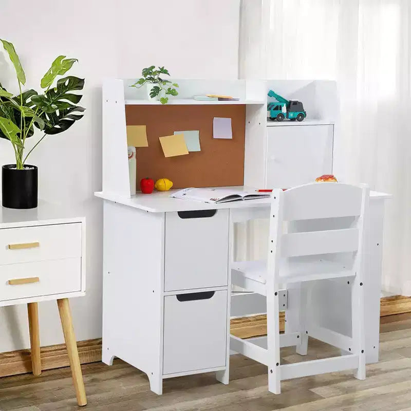 Wooden Kids Desk & Chair Set with Storage Shelf & Bulletin Board - White Study Table Durable Writing Desk for Ages 3+