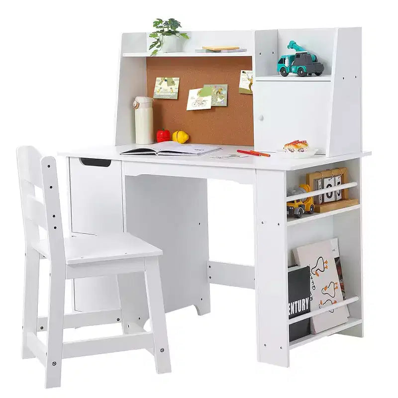 Wooden Kids Desk & Chair Set with Storage Shelf & Bulletin Board - White Study Table Durable Writing Desk for Ages 3+
