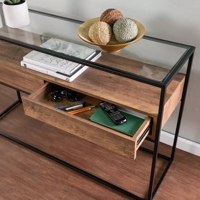 Glass-Top Console Table with Storage - Brown