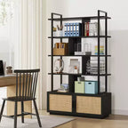 71.1 Inch Height 5-Tier Rattan Bookshelf with Storage and Open Display Shelves - Industrial Bookcase with Metal Frame for Living Room, Bedroom