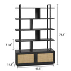 71.1 Inch Height 5-Tier Rattan Bookshelf with Storage and Open Display Shelves - Industrial Bookcase with Metal Frame for Living Room, Bedroom