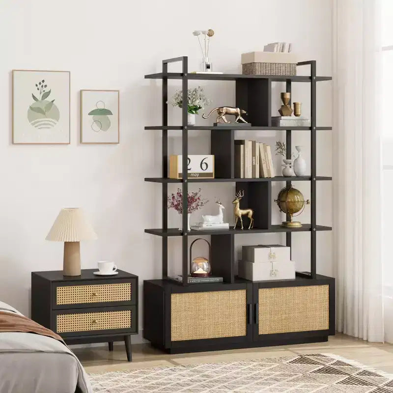 71.1 Inch Height 5-Tier Rattan Bookshelf with Storage and Open Display Shelves - Industrial Bookcase with Metal Frame for Living Room, Bedroom