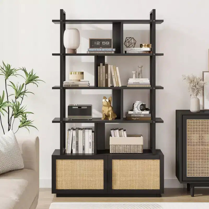 71.1 Inch Height 5-Tier Rattan Bookshelf with Storage and Open Display Shelves - Industrial Bookcase with Metal Frame for Living Room, Bedroom