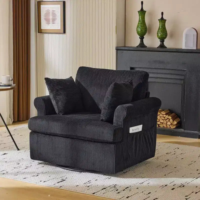 Beige Corduroy Living Room Swivel Barrel Accent Chair