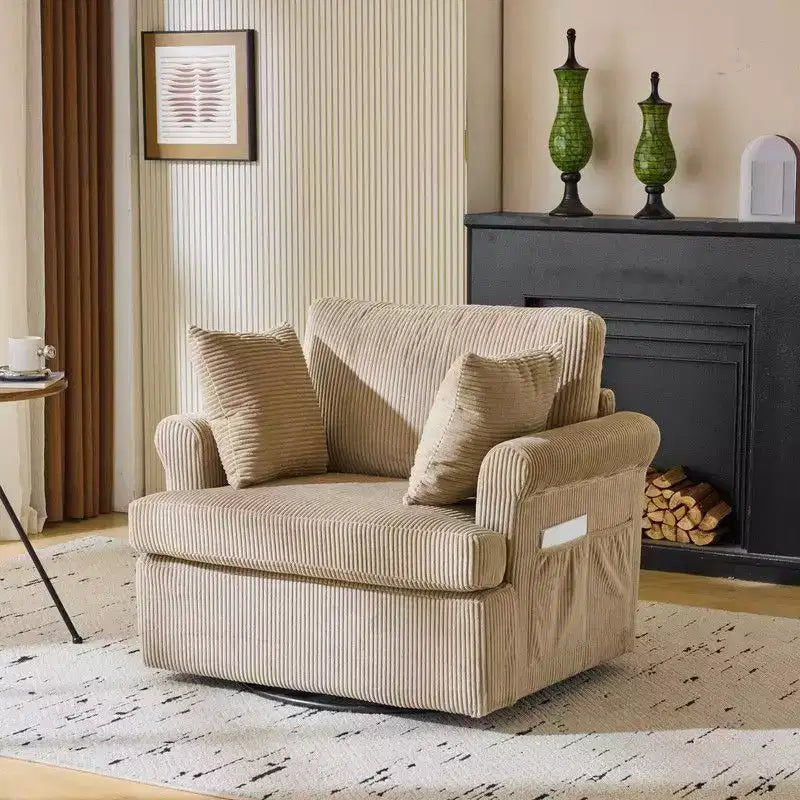 Beige Corduroy Living Room Swivel Barrel Accent Chair