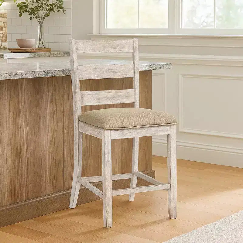 Barstool Chair Set of 2 | Padded Seats and Ladderbacks | Dual Tone Weathered White Brown
