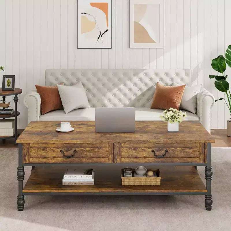 Coffee Table with Drawers 41 Large Center Table with Storage Rectangular Cocktail Table Tables Retro Living Room Table Vintage Tea Table,Brown