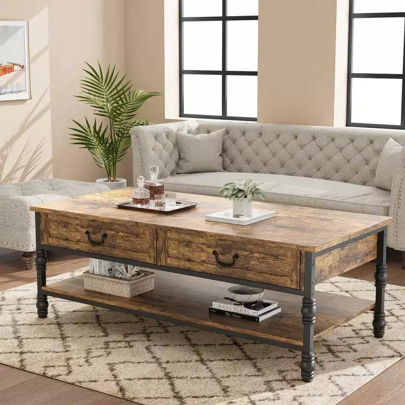 Coffee Table with Drawers 41 Large Center Table with Storage Rectangular Cocktail Table Tables Retro Living Room Table Vintage Tea Table,Brown