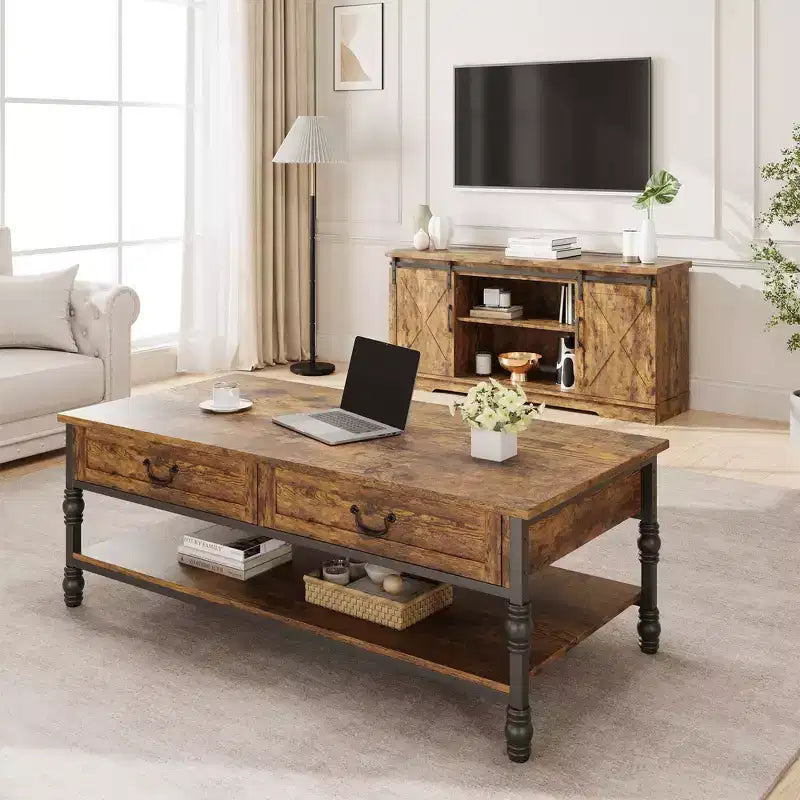 Coffee Table with Drawers 41 Large Center Table with Storage Rectangular Cocktail Table Tables Retro Living Room Table Vintage Tea Table,Brown