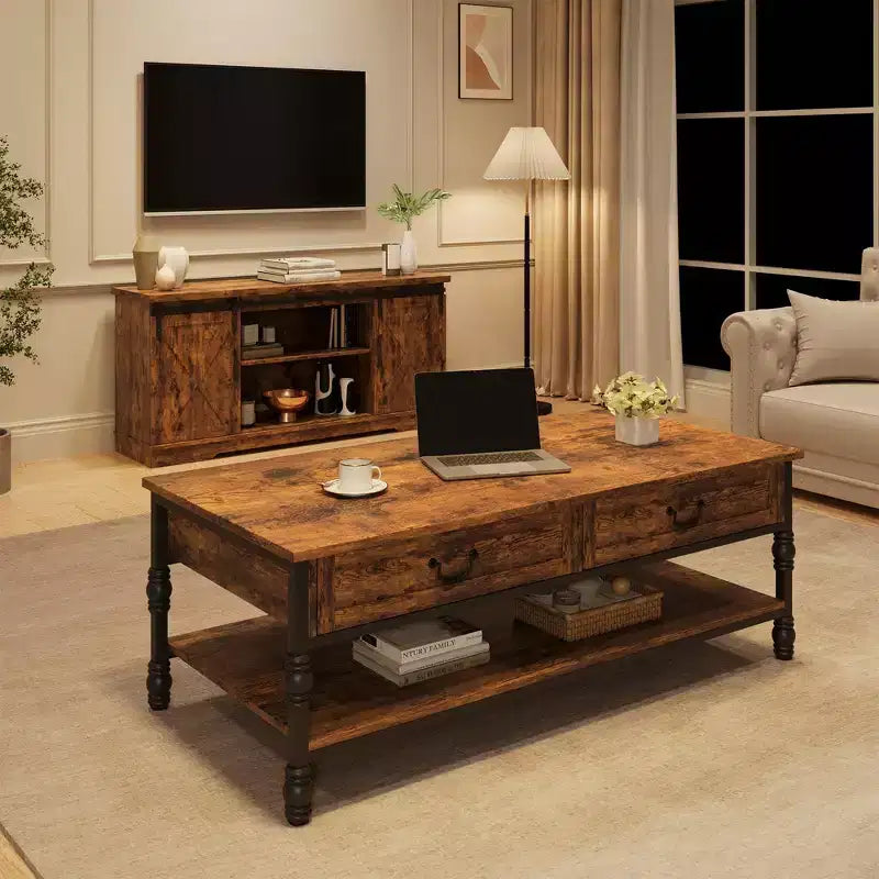 Coffee Table with Drawers 41 Large Center Table with Storage Rectangular Cocktail Table Tables Retro Living Room Table Vintage Tea Table,Brown