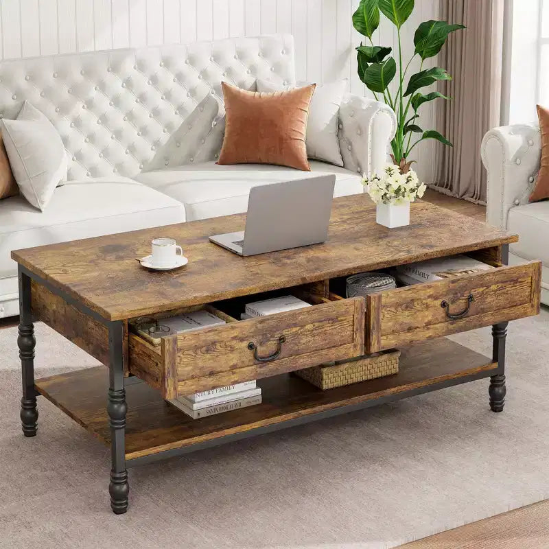 Coffee Table with Drawers 41 Large Center Table with Storage Rectangular Cocktail Table Tables Retro Living Room Table Vintage Tea Table,Brown
