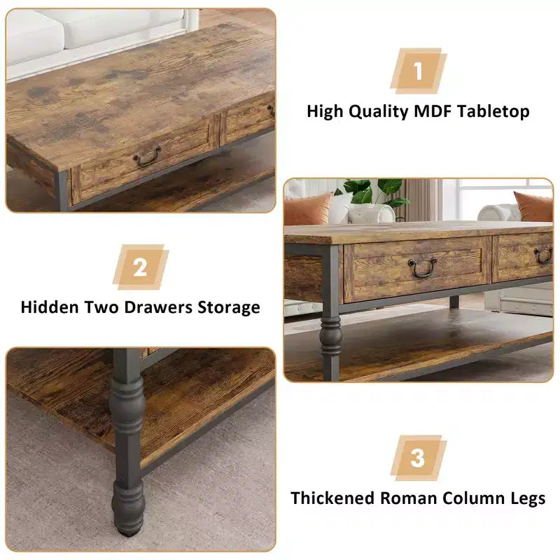 Coffee Table with Drawers 41 Large Center Table with Storage Rectangular Cocktail Table Tables Retro Living Room Table Vintage Tea Table,Brown