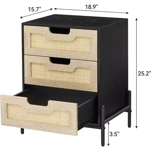 1 Pb Board Iron Foot Rattan Bedside Table | 3 Drawers | Hand-Woven Rattan | Multi-Functional for Bedroom & Living Room