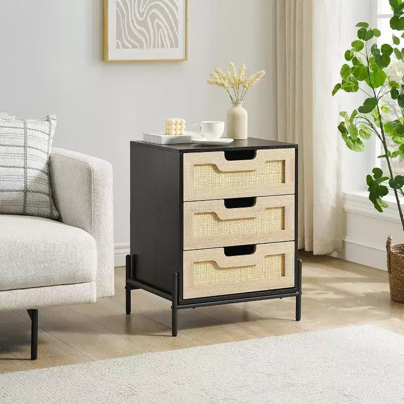 1 Pb Board Iron Foot Rattan Bedside Table | 3 Drawers | Hand-Woven Rattan | Multi-Functional for Bedroom & Living Room