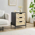 1 Pb Board Iron Foot Rattan Bedside Table | 3 Drawers | Hand-Woven Rattan | Multi-Functional for Bedroom & Living Room