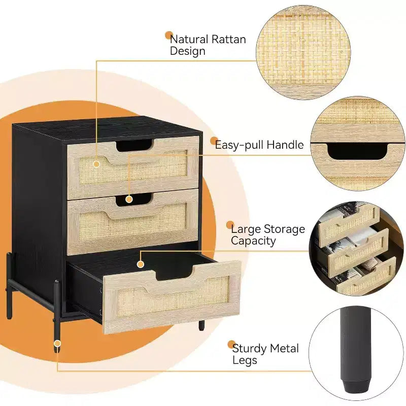 1 Pb Board Iron Foot Rattan Bedside Table | 3 Drawers | Hand-Woven Rattan | Multi-Functional for Bedroom & Living Room