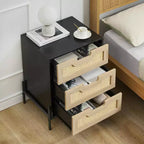1 Pb Board Iron Foot Rattan Bedside Table | 3 Drawers | Hand-Woven Rattan | Multi-Functional for Bedroom & Living Room