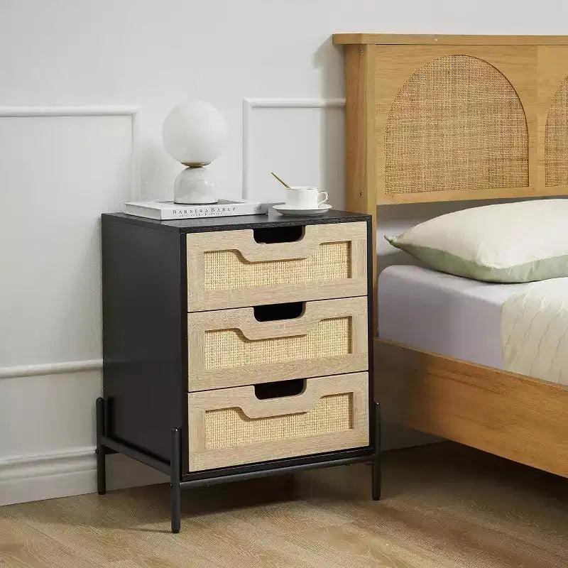 1 Pb Board Iron Foot Rattan Bedside Table | 3 Drawers | Hand-Woven Rattan | Multi-Functional for Bedroom & Living Room