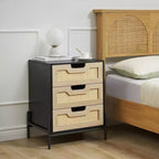 1 Pb Board Iron Foot Rattan Bedside Table | 3 Drawers | Hand-Woven Rattan | Multi-Functional for Bedroom & Living Room