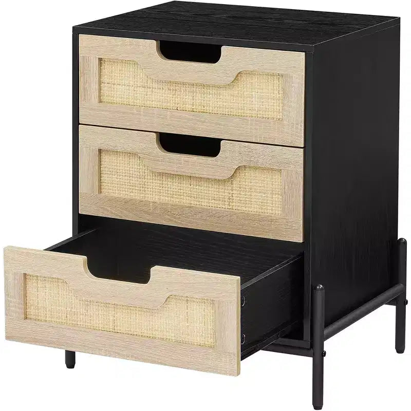 1 Pb Board Iron Foot Rattan Bedside Table | 3 Drawers | Hand-Woven Rattan | Multi-Functional for Bedroom & Living Room