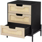 1 Pb Board Iron Foot Rattan Bedside Table | 3 Drawers | Hand-Woven Rattan | Multi-Functional for Bedroom & Living Room