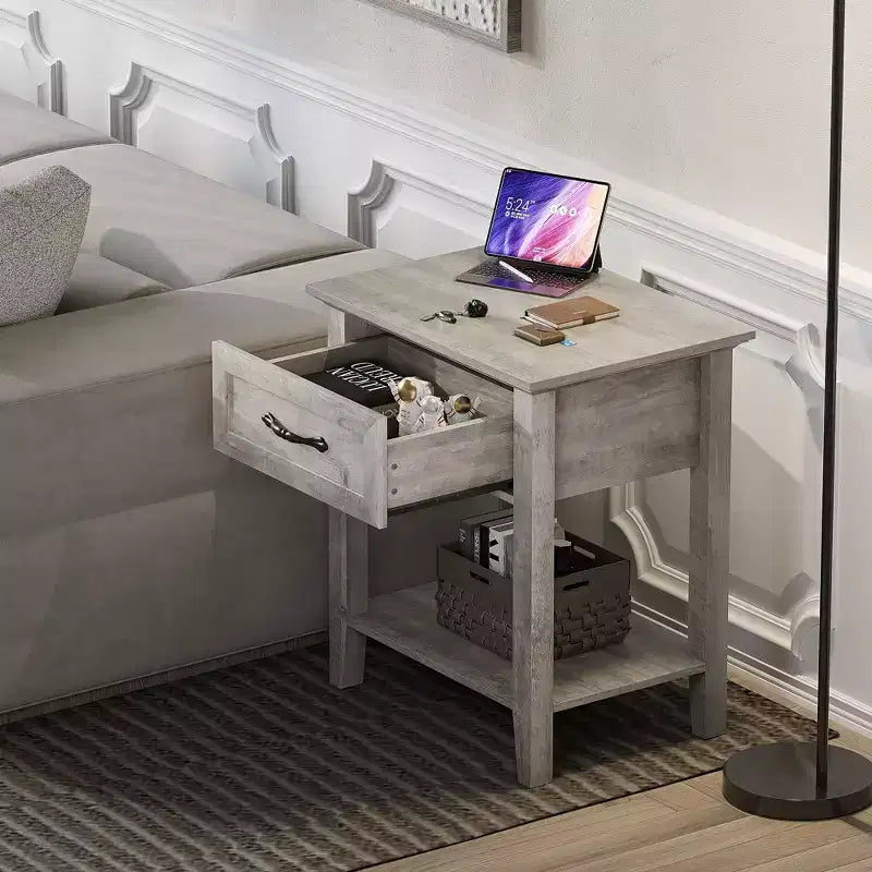 Bedside Table,2PCS End Table with Drawer, Nightstands Set of 2, 2 Tiers Storage Side Table with Dresser for Living Room, Bedroom, Dorm, Grey