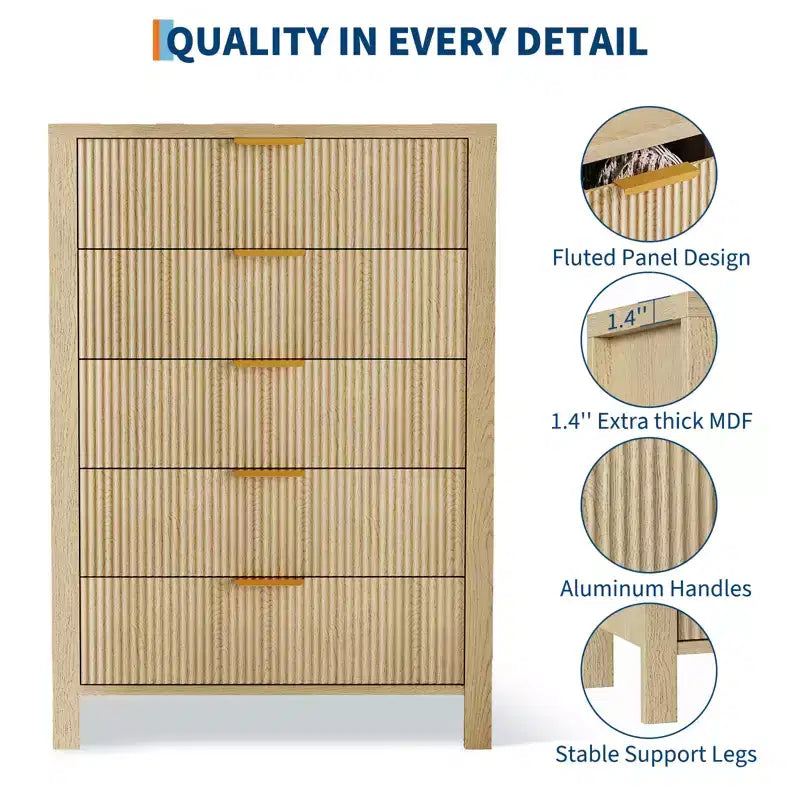 Small Spaces, Fluted 5 Drawer Dresser Modern Farmhouse Wooden Chest for Bedroom