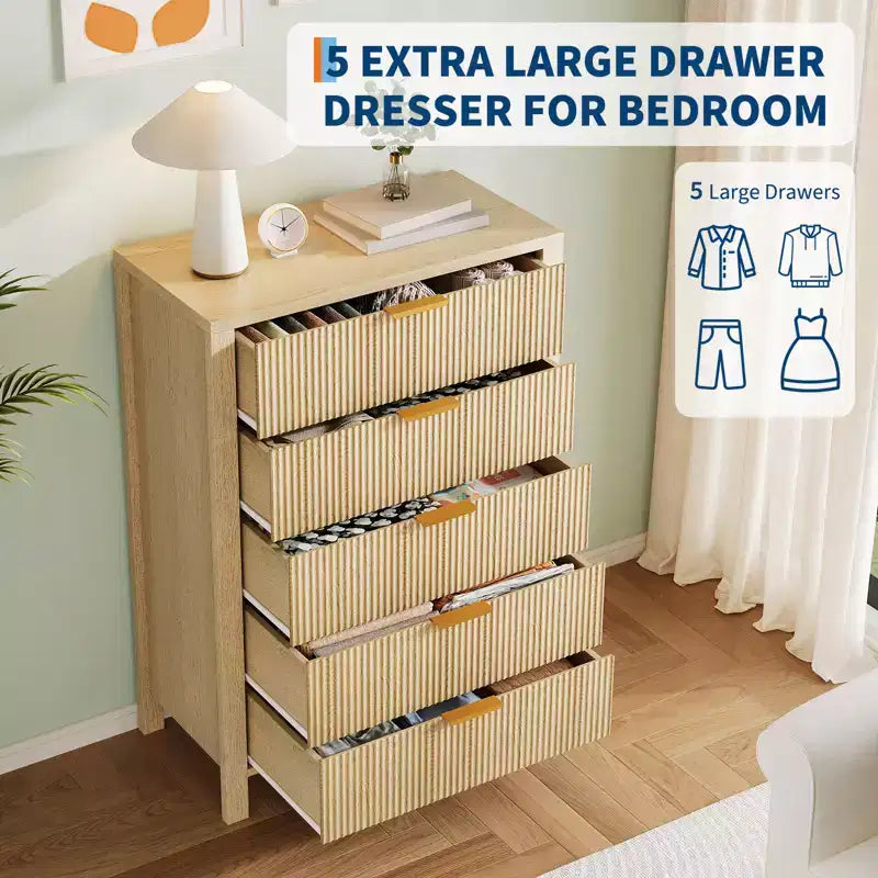 Small Spaces, Fluted 5 Drawer Dresser Modern Farmhouse Wooden Chest for Bedroom