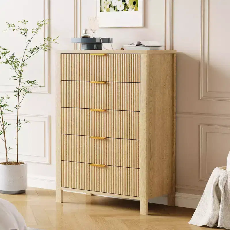 Small Spaces, Fluted 5 Drawer Dresser Modern Farmhouse Wooden Chest for Bedroom