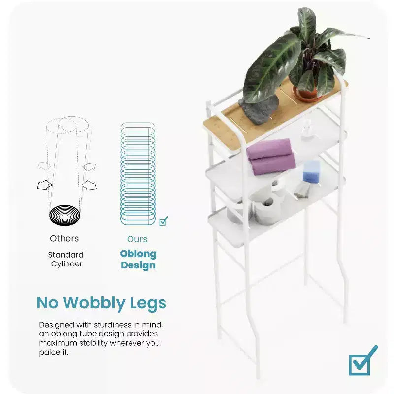 Over-the-Toilet 3-Tier Storage Organizer with Bamboo Accent and Steel Frame, Freestanding Bathroom Shelf, White