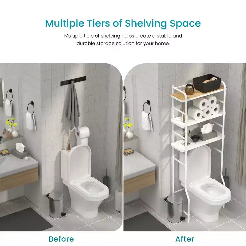 Over-the-Toilet 3-Tier Storage Organizer with Bamboo Accent and Steel Frame, Freestanding Bathroom Shelf, White