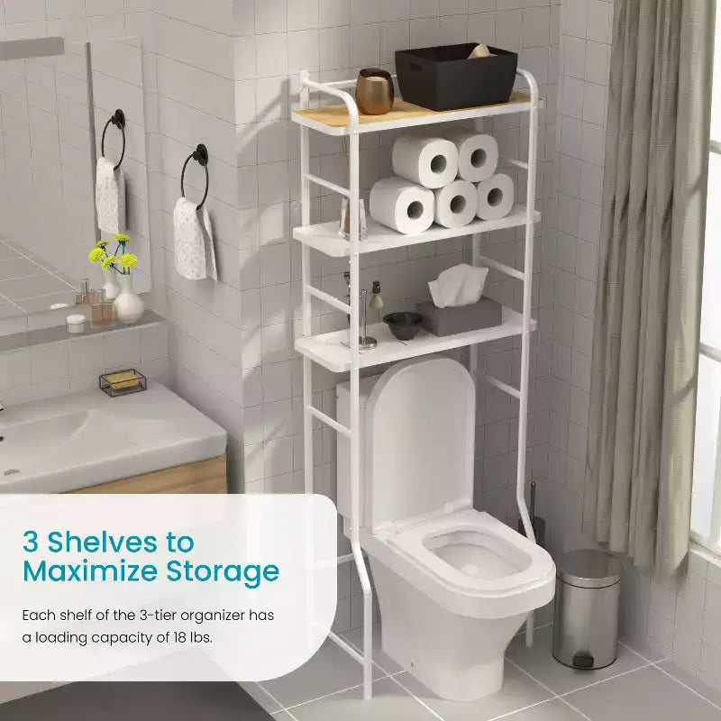 Over-the-Toilet 3-Tier Storage Organizer with Bamboo Accent and Steel Frame, Freestanding Bathroom Shelf, White