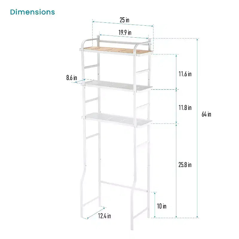 Over-the-Toilet 3-Tier Storage Organizer with Bamboo Accent and Steel Frame, Freestanding Bathroom Shelf, White