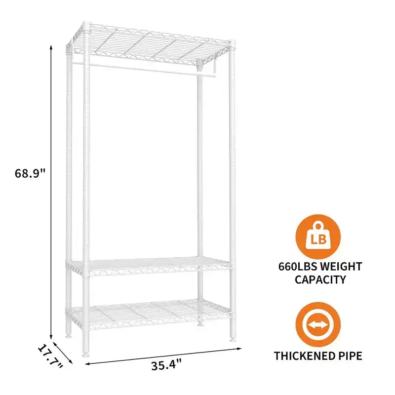 Metal 3 Tier Standing Clothing Rack with 1 Hanger Rod & 3 Open Shelves, Portable Closet Organizer for Clothes, for Bedroom,35.4W x 17.7D x 68.9H