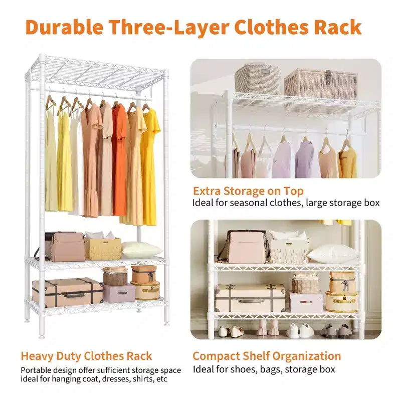 Metal 3 Tier Standing Clothing Rack with 1 Hanger Rod & 3 Open Shelves, Portable Closet Organizer for Clothes, for Bedroom,35.4W x 17.7D x 68.9H
