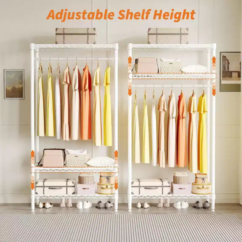 Metal 3 Tier Standing Clothing Rack with 1 Hanger Rod & 3 Open Shelves, Portable Closet Organizer for Clothes, for Bedroom,35.4W x 17.7D x 68.9H