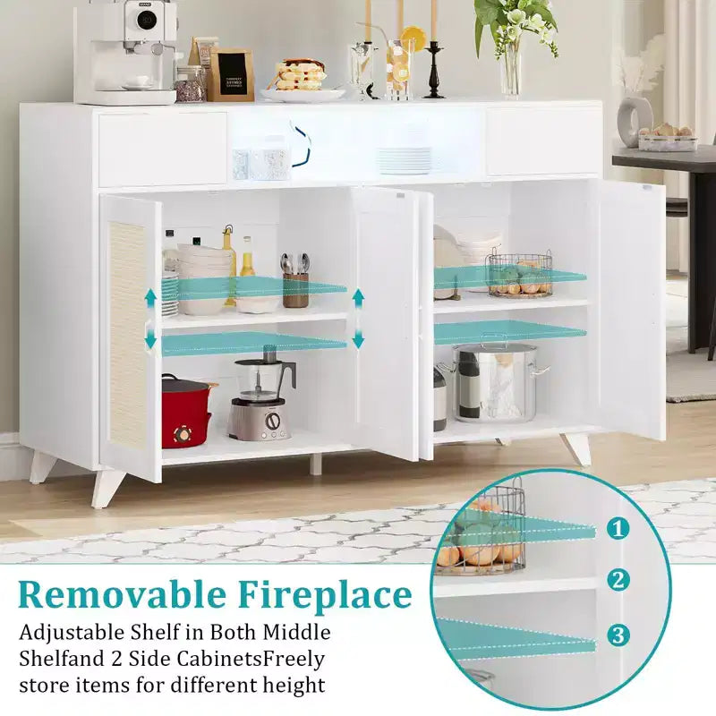 4 Doors and 2 Drawers, Rattan Sideboard Buffet Cabinet Power Outlet,for Kitchen, Dining Room,Wood color